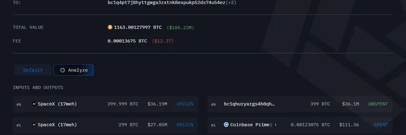 SpaceXが1,163 Bitcoin（約$105.23 million）を移動：洞察と影響