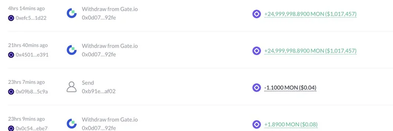 鲸鱼在 Monad 启动热潮中从 Gate.io 提取 7,336 万枚 MON 代币