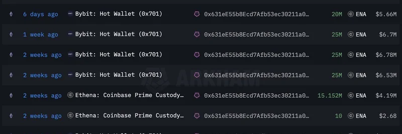 Ethena Labs 지갑, Bybit에서 또 25M $ENA 인출: 11월 이후 누적 405.15M 토큰(약 $96.8M) 돌파