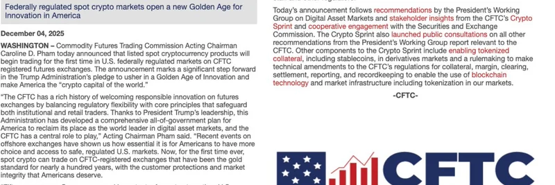 CFTC의 획기적 발표: 미국 규제 시장에서 최초의 현물 암호화폐 거래 개시 — 블록체인 혁신의 분수령