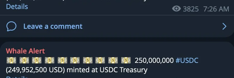 ホエールアラート：Solanaで$250MのUSDC発行 — ミームトークンへの新たな流動性ブーストか？